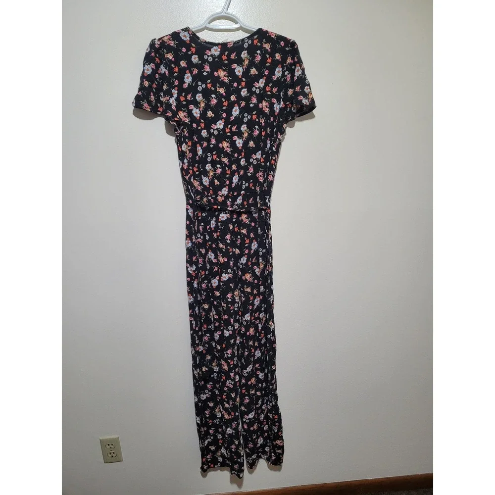 Kingston Grey Floral‎ Jumpsuit Womens Large Black Ruffle Wrap Wide Leg